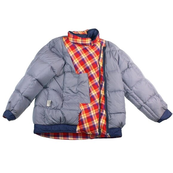 Vintage 80s XL Rainbow Trim Genuine Down Blue Coat Jacket Ski Snowboard Winter - Picture 7 of 12